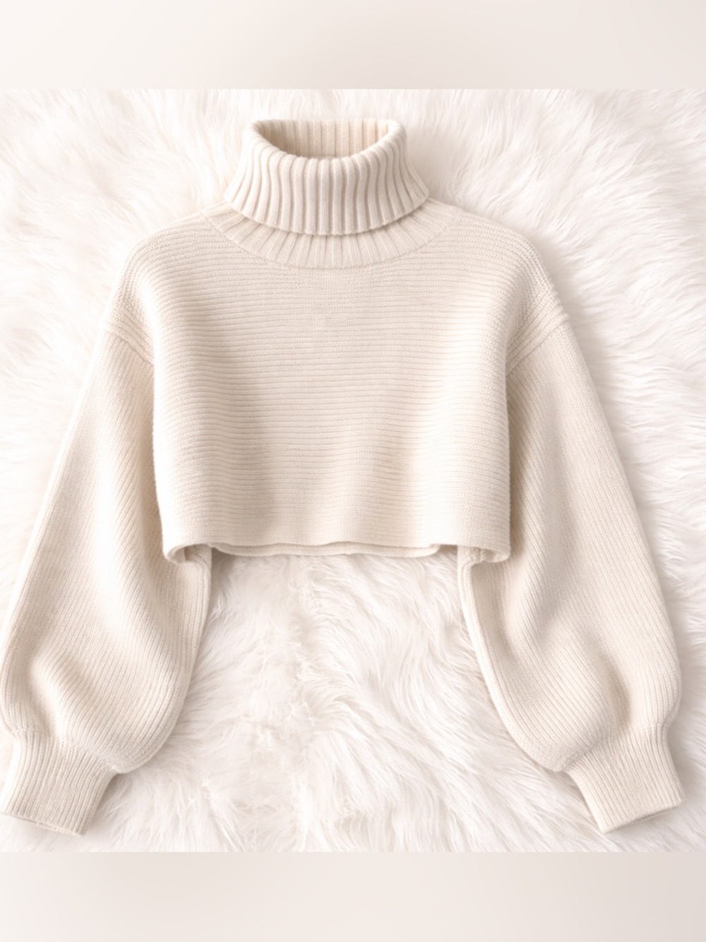 House of Harlow 1960 Cream Cropped Turtleneck Sweater Ribbed Balloon Sleeve Boho